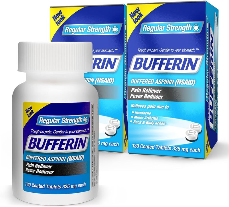 Bufferin Aspirin 325mg, Pain Reliever & Fever Reducer, with 3 Buffering Agents Relieves 7 Types of Pain: Headaches, Back Ache, Arthritis, Muscle Aches & More, for Adults, 130 Coated Tablets, 2-Pack - Image 1